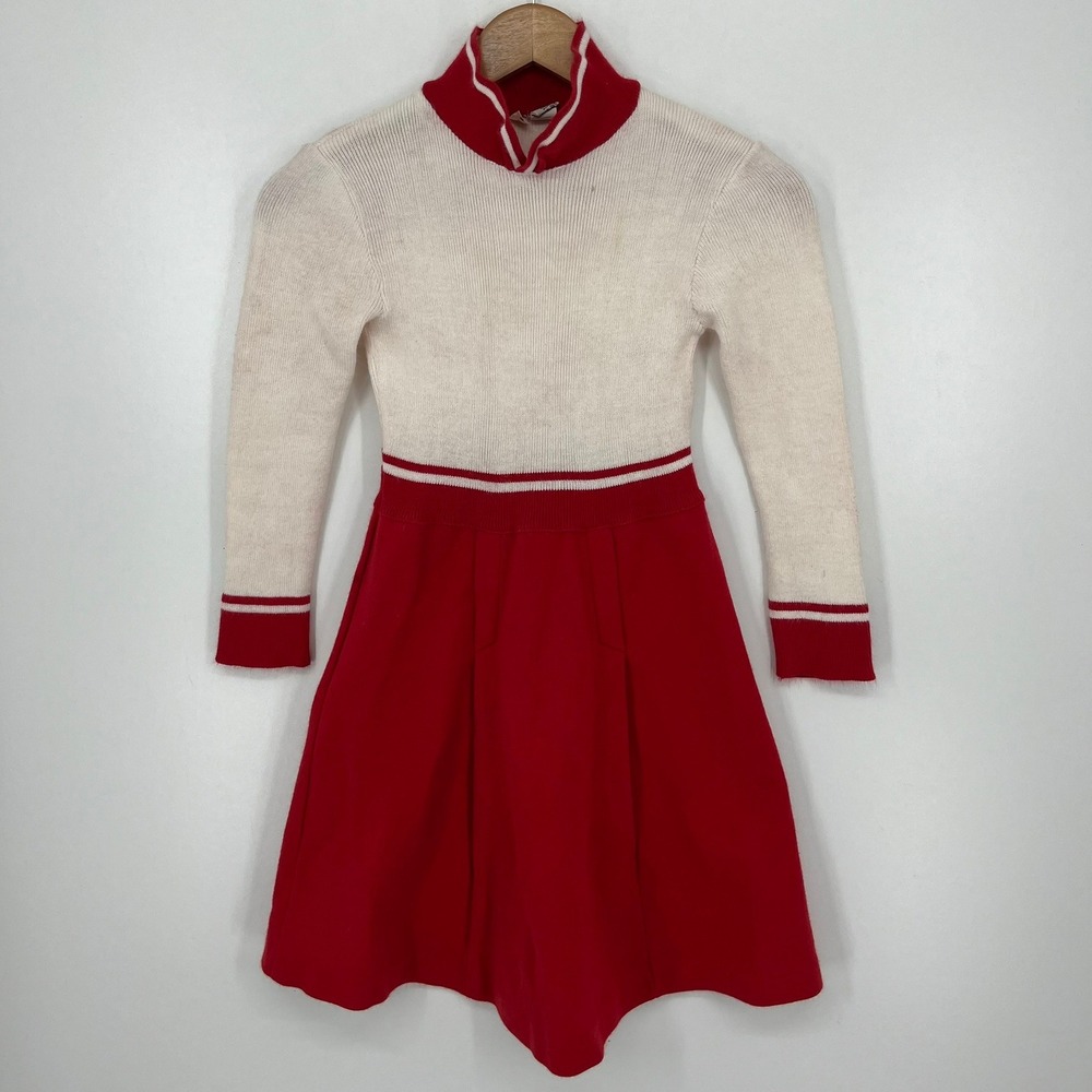 Vintage C&A Kids Red Cream Knit Long Sleeve Pleated Dress Size 140